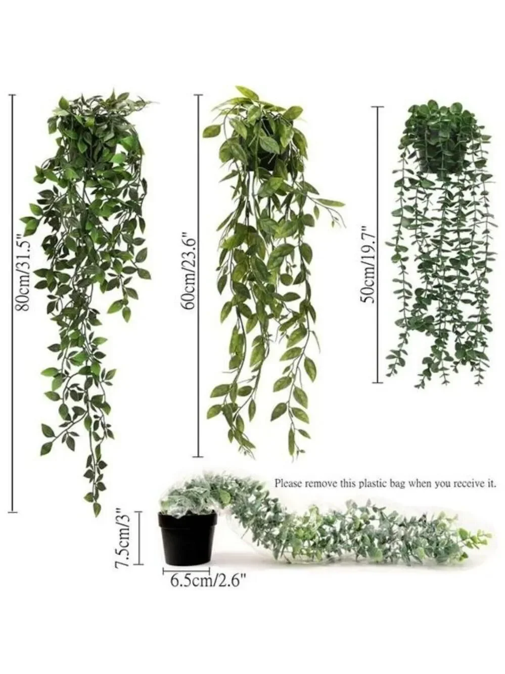 Set of 3 artificial hanging plants faux eucalyptus greenery indoor home decor
